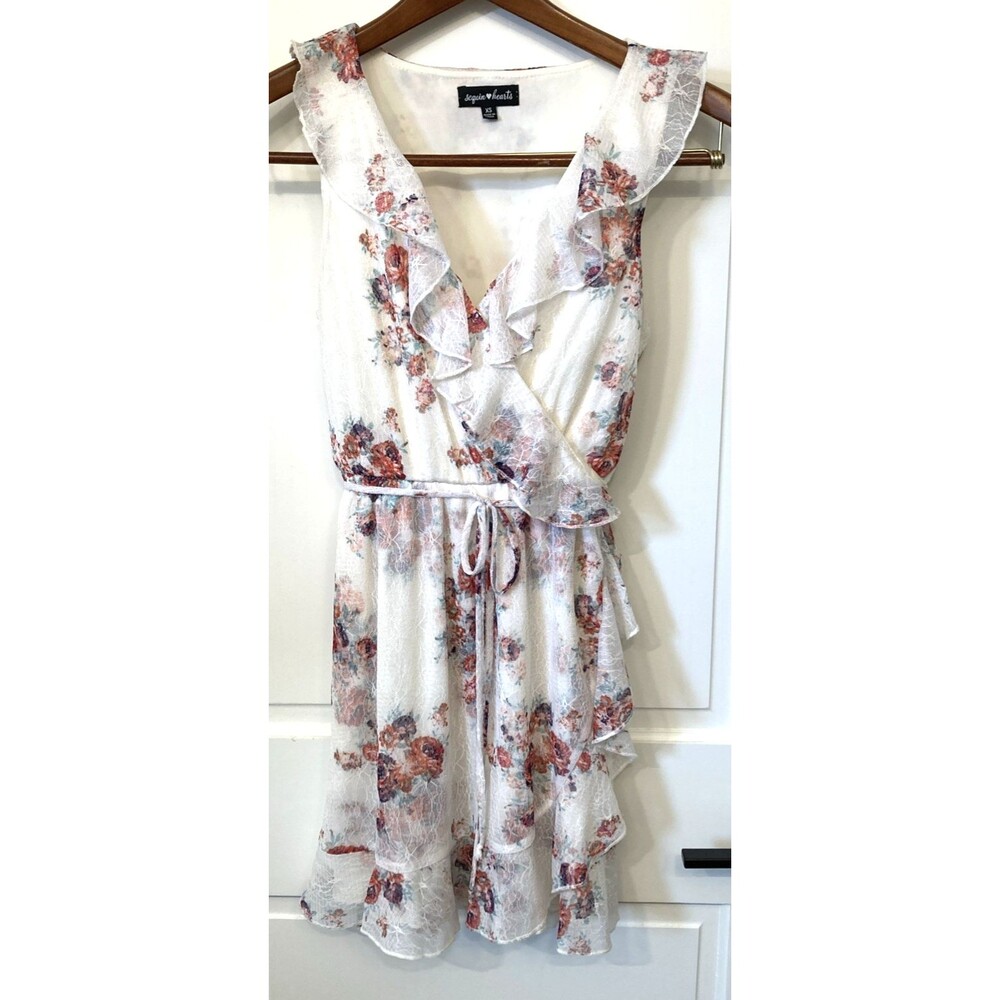 Coquette Floral Sheer Lined Dress XS Faux Wrap Belt V Neck Ruffles Boho Fairy